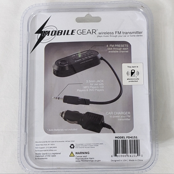 Mobile Gear Wireless FM Transmitter, 3.5 mm Jack, 4 FM Preset Stations, NEW - Picture 2 of 2